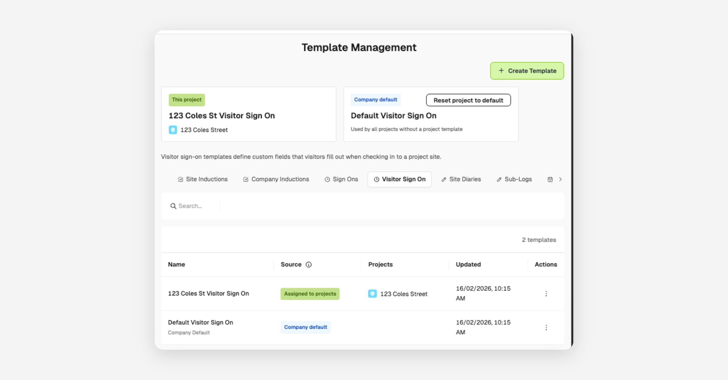 Custom visitor sign on templates, worker induction fields, and drawings list view