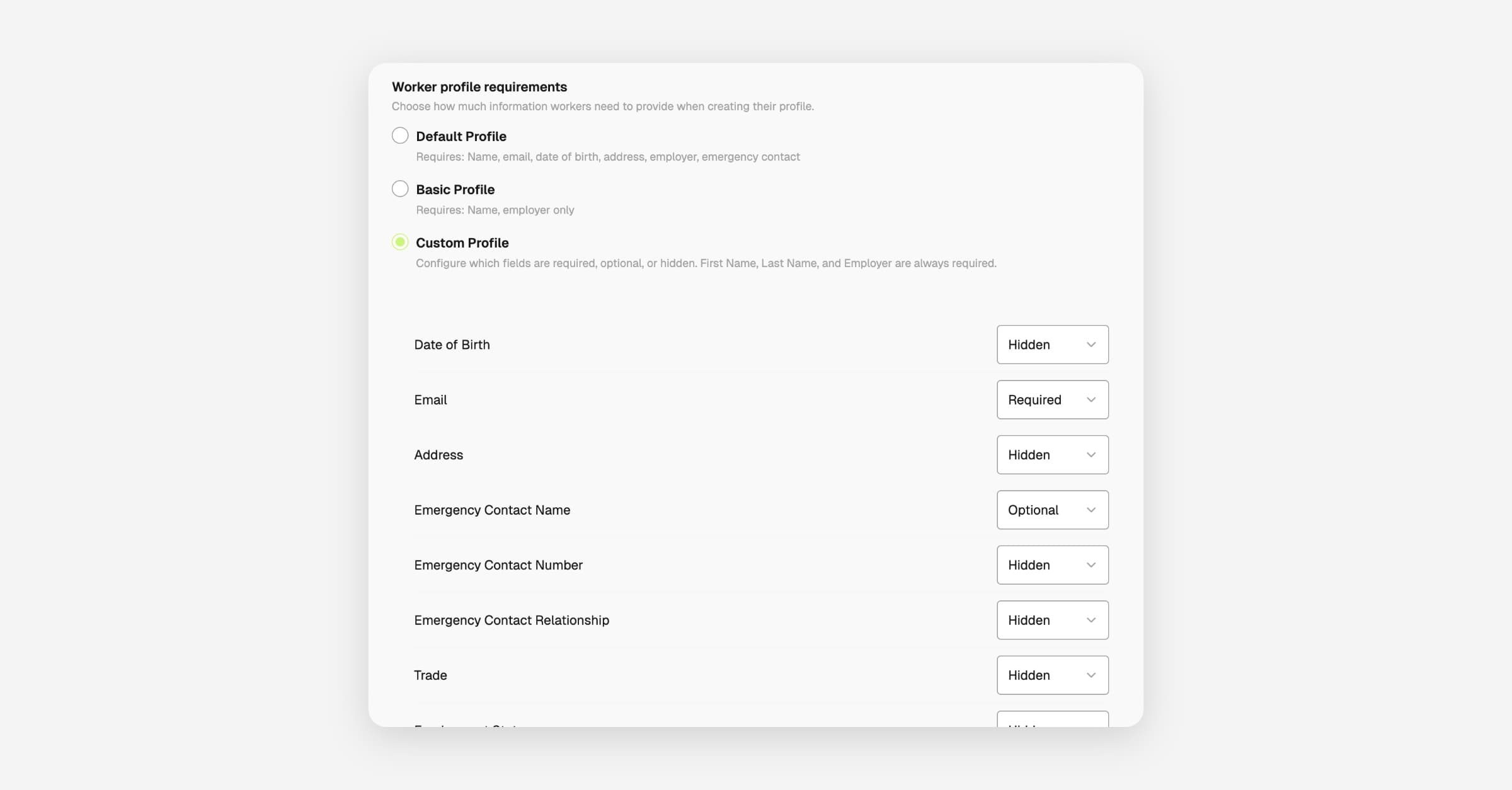 Induction settings with toggles to customise which profile fields workers must complete