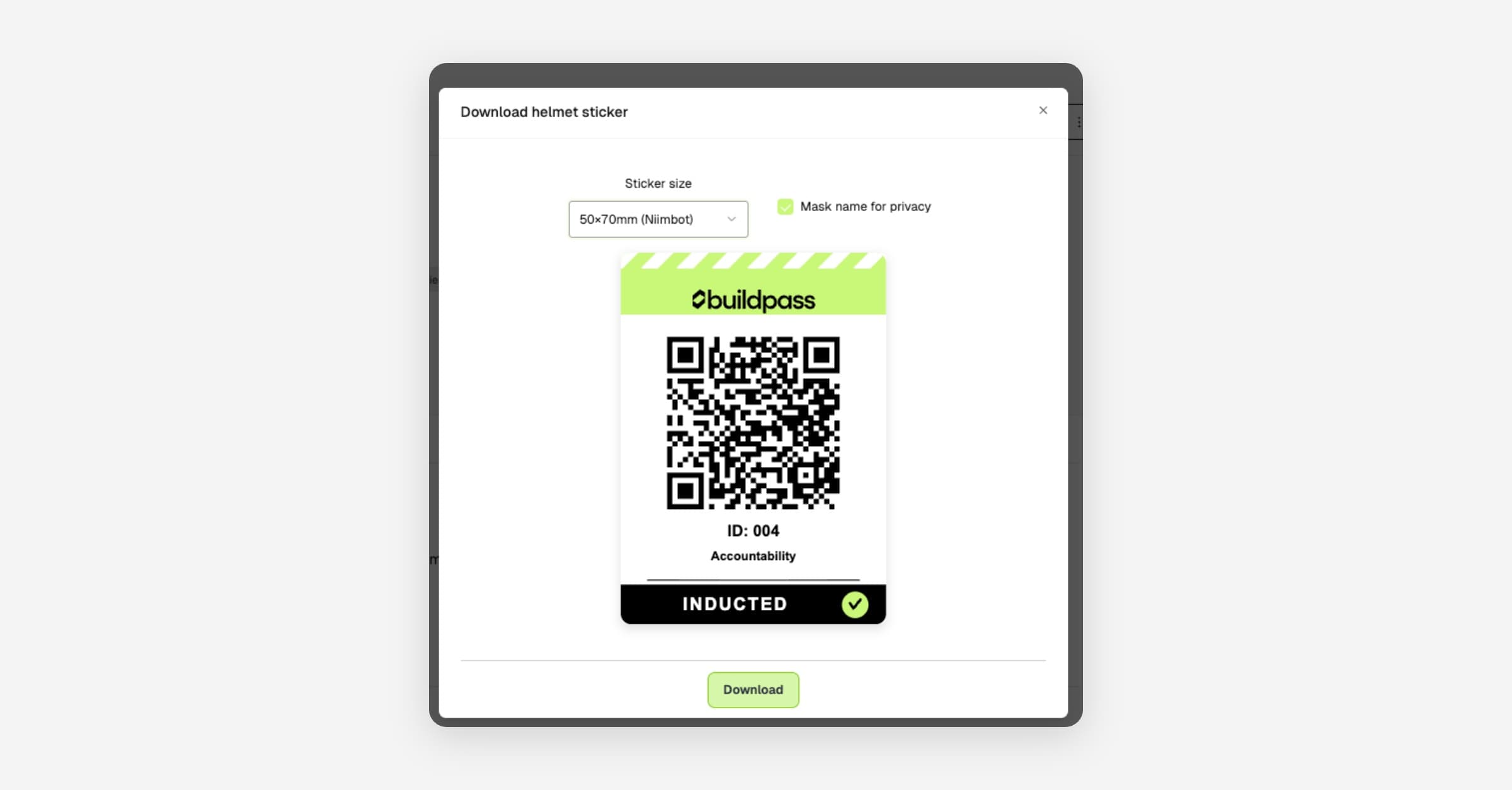 BuildPass-branded helmet sticker with a worker name and scannable QR code