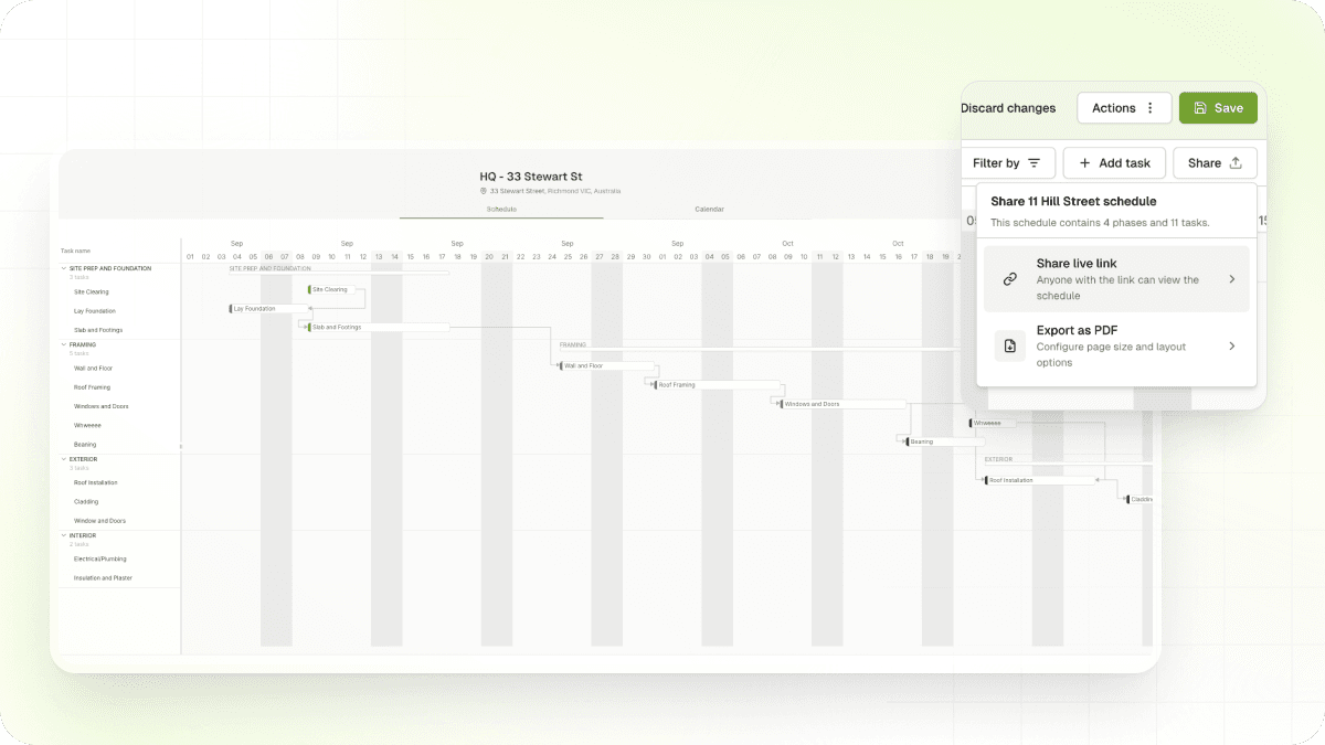 Live link view of a construction schedule showing task timeline and progress to an external viewer
