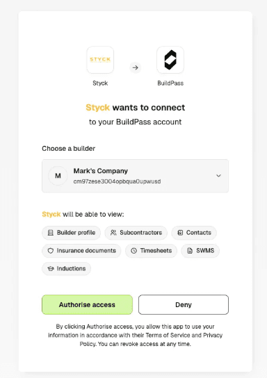 OAuth Authorization Code consent screen for a partner integration connecting to BuildPass