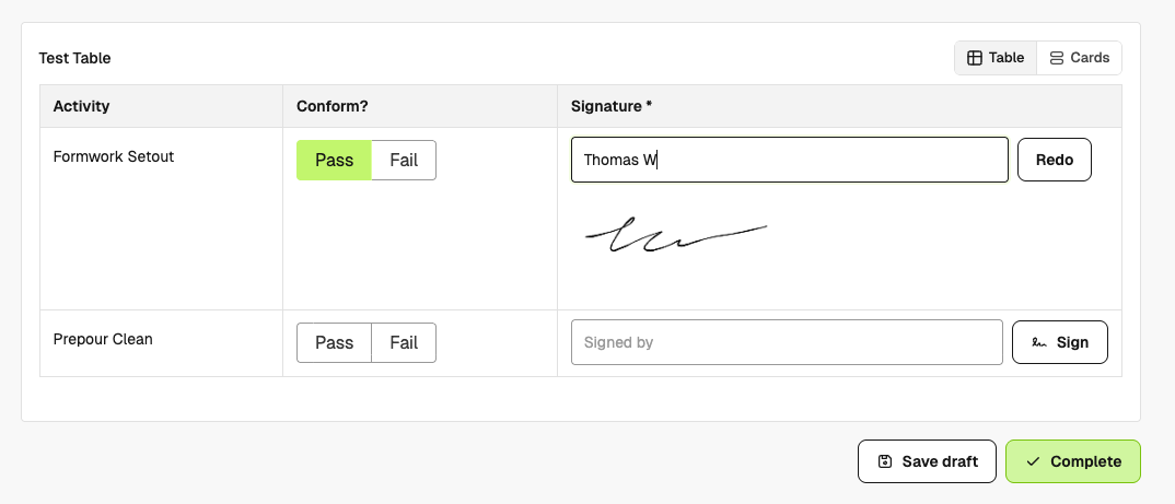 Form response with a table of prefilled activity rows ready to complete